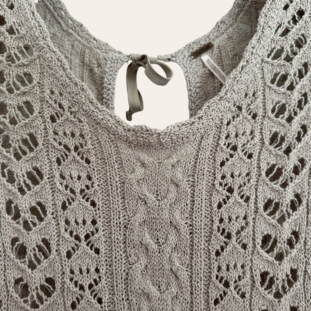 Free People Boho Crochet Tie Open Back S Top Stone Beige Tan Long Sleeves EUC - Picture 6 of 13